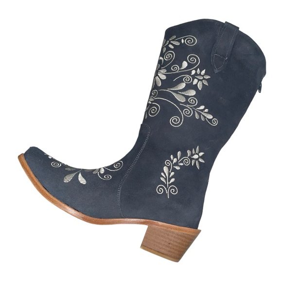 Agave Sky Jasmine Cowgirl Blue Grey w/Cream Stitch Mid-Calf Suede Boot Size 8.5 - Picture 4 of 16